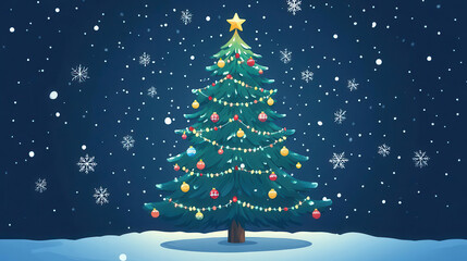 Flat design Christmas tree with minimal decorations, low detail, vibrant colors, surrounded by falling snowflakes