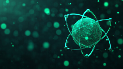 A visually striking depiction of an atom with glowing particles in a vibrant green color scheme against a dark background.
