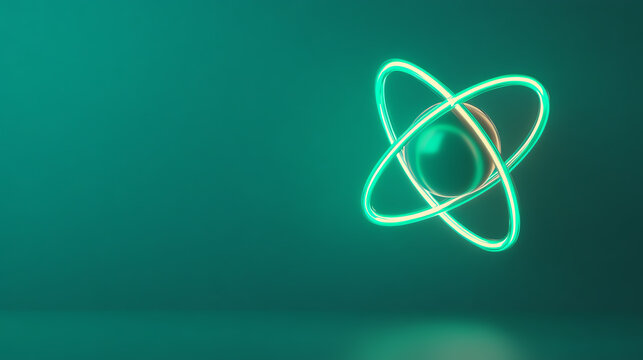 A glowing green atomic symbol on a teal background, representing the concept of atomic energy and science.