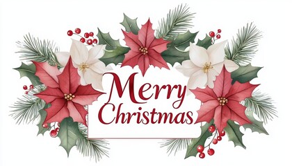 Delicate watercolor painting with "Merry Christmas" in soft red and green hues, surrounded by a wreath of pine, mistletoe, and delicate flowers