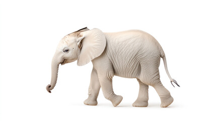Fototapeta premium young elephant calf walking gracefully on white backdrop, showcasing its unique features