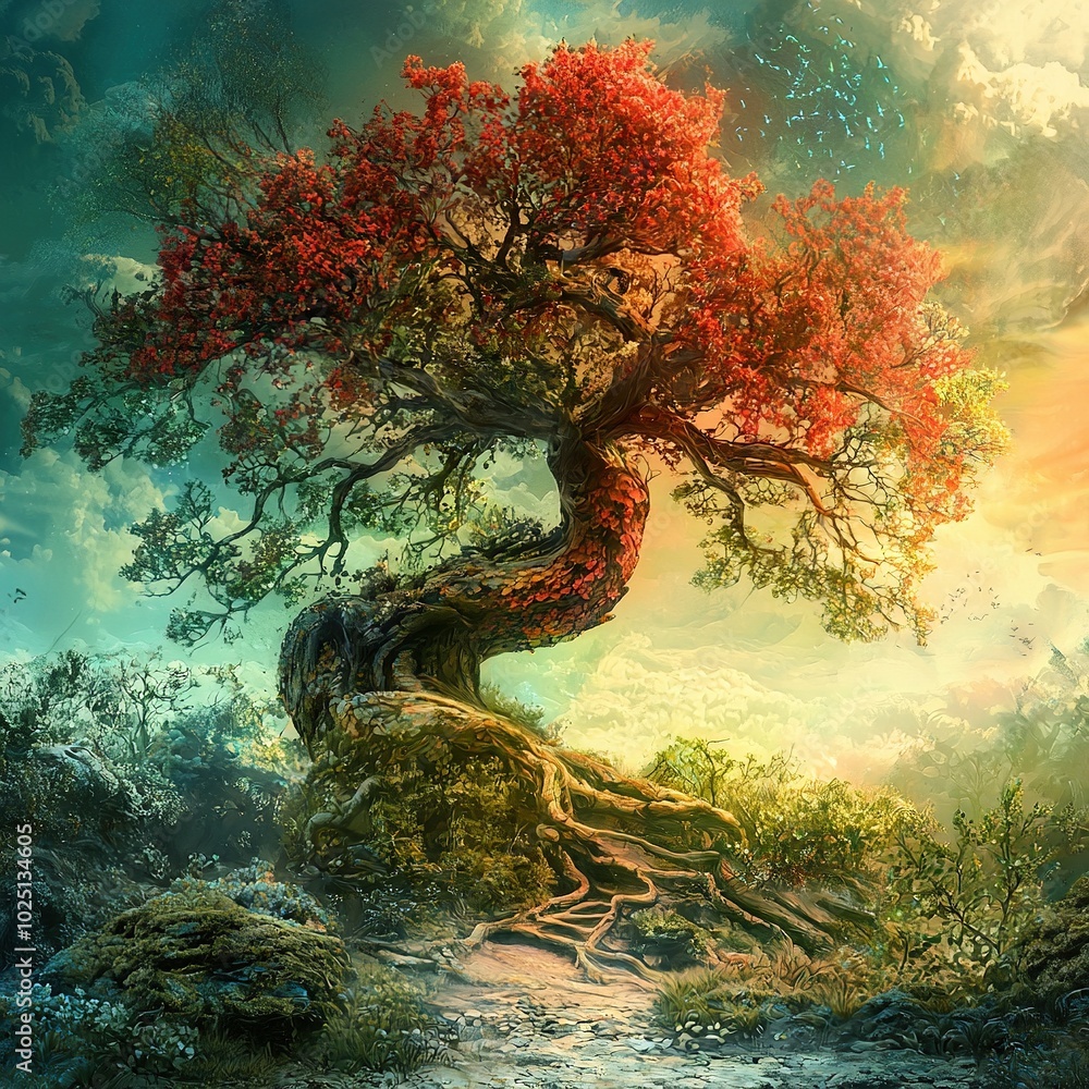 Poster a tree in a forest with a path leading to its summit