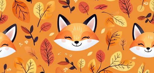 A seamless pattern of smiling foxes, surrounded by autumn leaves, on a warm orange background, creating a cozy feel