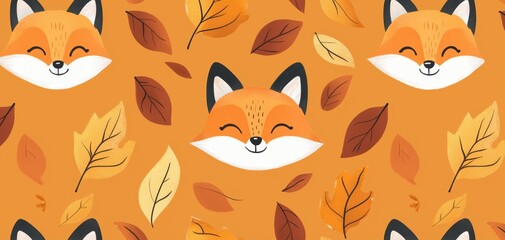 A seamless pattern of smiling foxes, surrounded by autumn leaves, on a warm orange background, creating a cozy feel