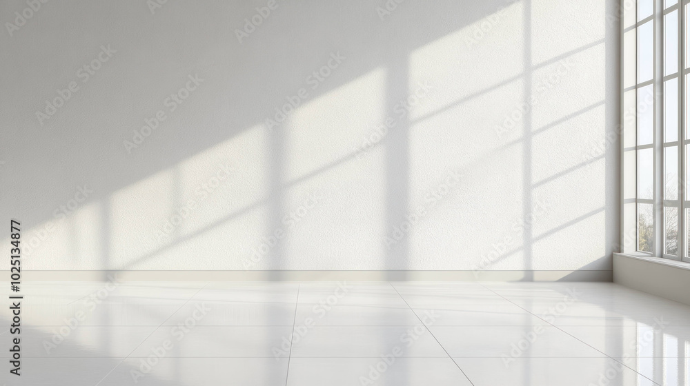 Poster spacious bright room with reflective white tile floor and large windows casting shadows. minimalist 