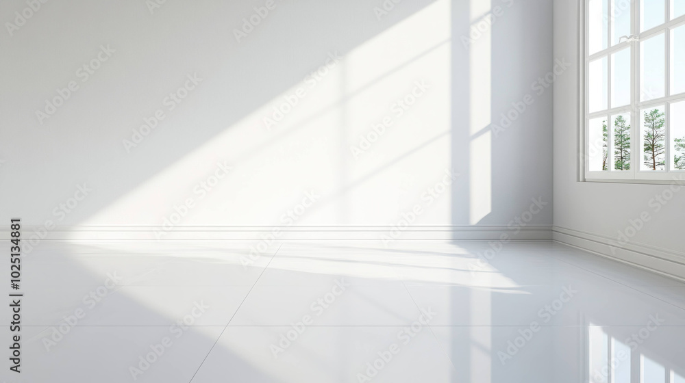 Poster spacious bright room with reflective white tile flooring and large windows allowing natural light to