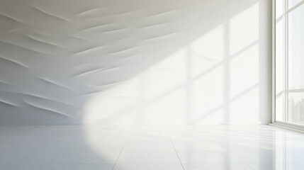 Obraz premium Spacious bright room with reflective white tile floor and textured wall, creating serene and modern atmosphere. natural light enhances elegant design