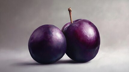 Obraz premium Two plums sit beside each other on a gray backdrop with a wooden stick protruding from one