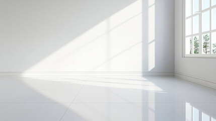 Obraz premium Spacious bright room with reflective white tile flooring and large windows allowing natural light to fill space, creating serene atmosphere