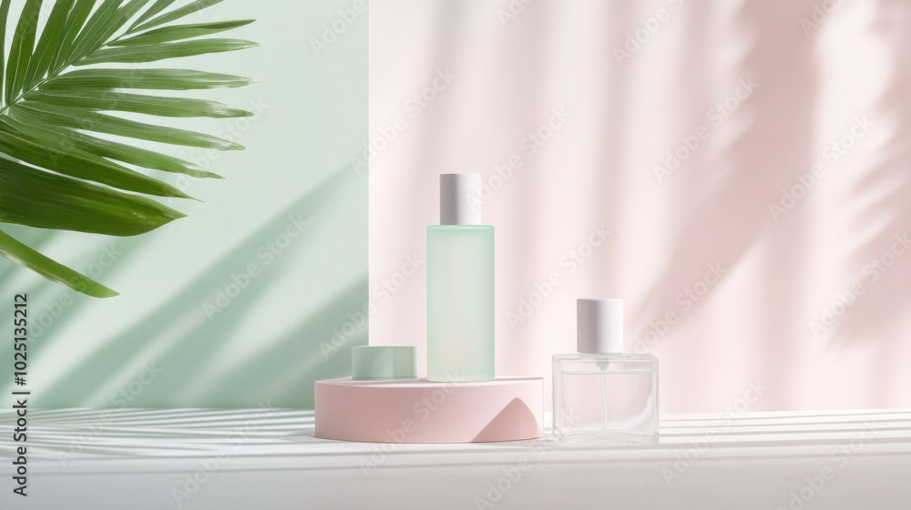 Poster minimalist pastel product display featuring delicate green and pink tones, with refreshing vibe. arr