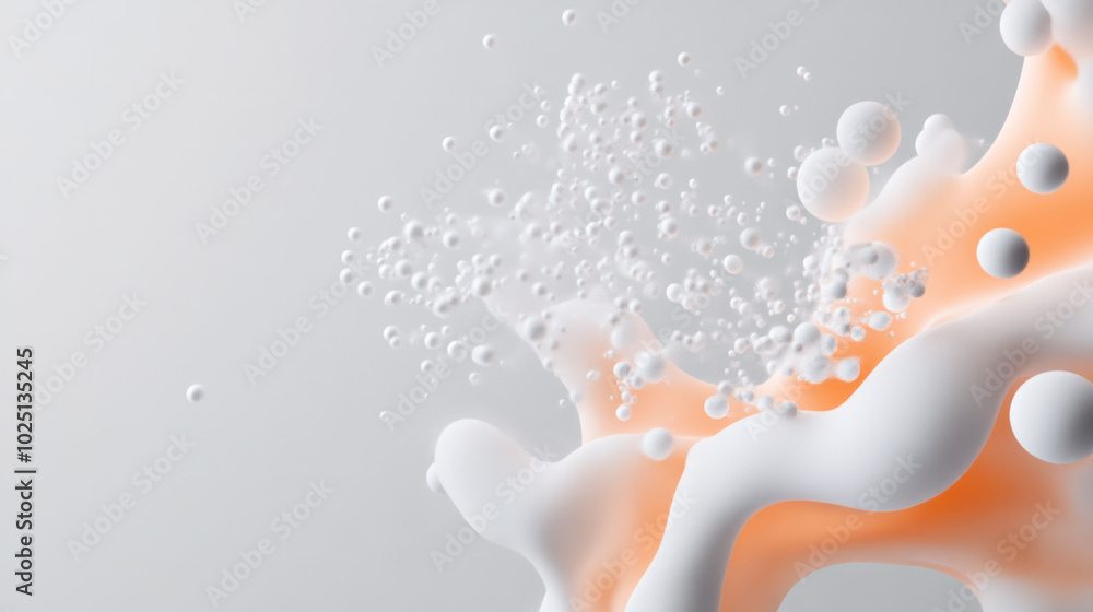 Leinwandbilder Fluid shapes and bubbles create abstract composition, showcasing blend of white and soft orange tones. dynamic movement evokes sense of energy and creativity