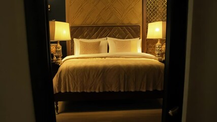 Cozy, luxurious hotel bedroom with warm lighting and a plush bed. The inviting atmosphere is perfect for relaxation and a comfortable stay, ideal for travel and leisure.