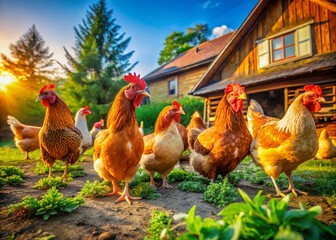 Fototapeta premium Domestic Chickens foraging in a Village Farm Setting - Nature and Agriculture Stock Photo