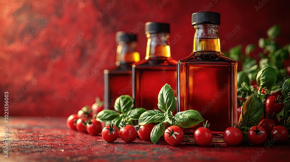 Poster a set of bottles containing various types of tomatoes and basil on a red tablecloth
