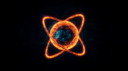 Abstract representation of an atom with glowing electrons orbiting around a central nucleus, set against a dark background.