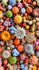 Fototapeta premium Imiginary virus cells or bacteria molecule. View of a virus under a microscope, infectious disease