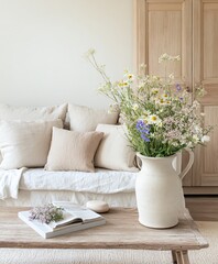 modern living room with flower-vase on table