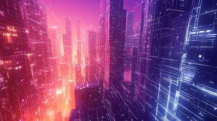 Obraz premium Smart Digital City Concept: Urban Architecture with High Towers Representing the Future City through Virtual Reality and Abstract Digital Buildings in a Modern Technology Vector Illustration.