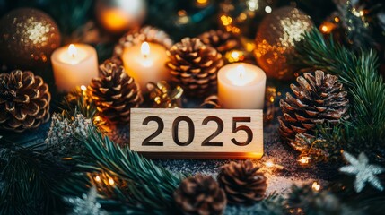 2025 New Year's Eve: A Festive Countdown: A rustic wooden block with the year "2025" etched on it, surrounded by warm candlelight, twinkling fairy lights, and pine cones and branches.