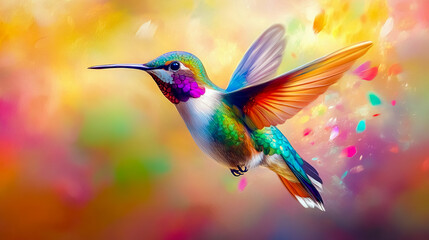 Obraz premium A colorful hummingbird in mid-flight, showcasing its iridescent feathers and delicate wings.
