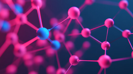 Abstract molecular structure with vibrant pink and blue spheres representing atoms interconnected by bonds on a dark background.