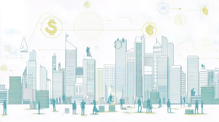 Fototapeta premium A digital illustration depicting coins and stacks, with city buildings, business icons, and people silhouettes illustrated in white lines on a light background.