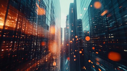 Fototapeta premium Abstract Technology Icons Hologram Overlaying a Low Angle View of Glass and Steel Skyscrapers in a Financial Downtown, Representing Success in the Hi-Tech Industry Through Double Exposure.