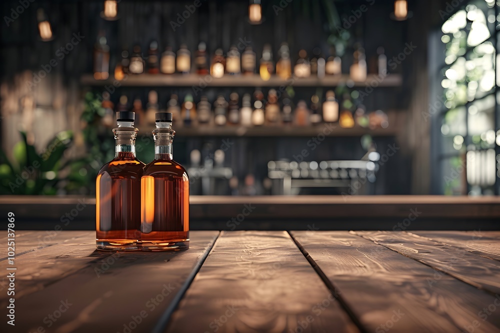 Poster elegant bottles of whiskey in a rustic bar setting
