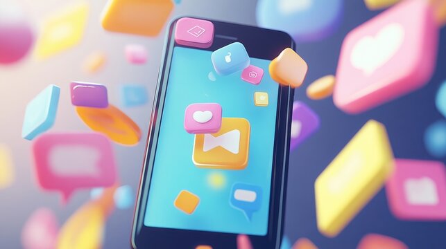 3D vector graphic of a smartphone displaying messaging apps, with animated chat bubbles emerging, illustrating modern communication.