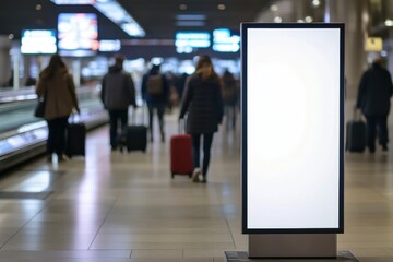 Blank vertical digital signboard in a busy airport terminal with travelers