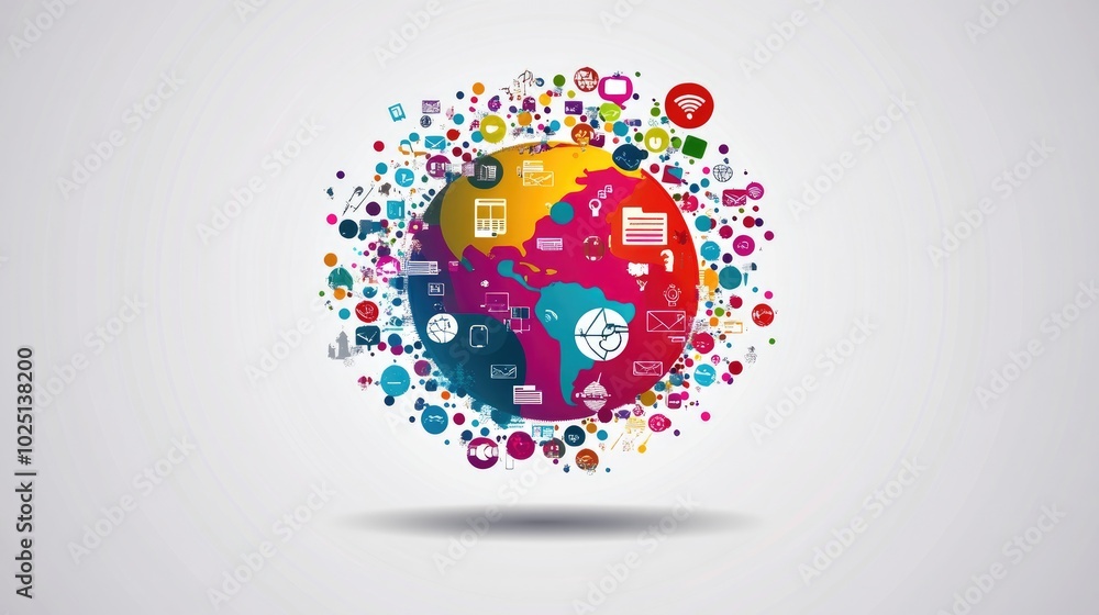 Poster a colorful 3d illustration of a digital globe with communication lines and icons, symbolizing global