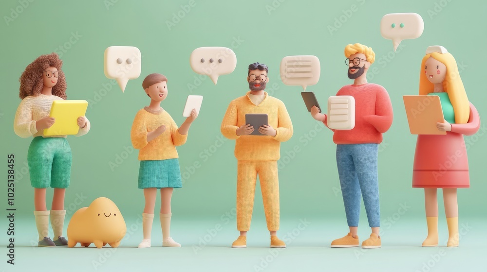 Poster a dynamic 3d image of diverse people connected through digital devices, exchanging messages and idea