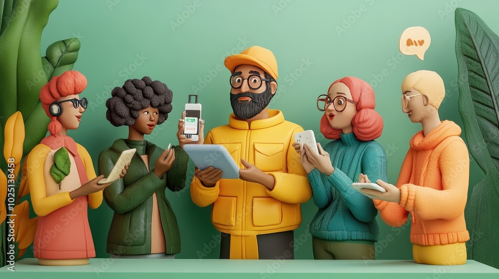 Poster a dynamic 3d image of diverse people connected through digital devices, exchanging messages and idea