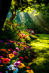Obraz premium Beautifully maintained garden featuring bright, colorful flowers and lush greenery.
