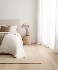 minimalistic bedroom with neutral tones and rug