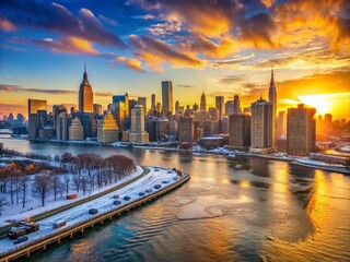 Obraz premium East River Waterway and Manhattan Skyline at Sunrise - Urban Panorama in Golden Hues of Winter Morning in