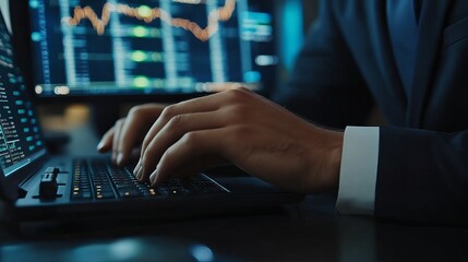 Finance Business Investment Data Analytics Strategy Report Featuring Cryptocurrency and Blockchain Insights, with a Businessman in a Suit Typing on a Computer Keyboard.