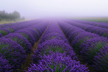 Obraz premium Enchanting Lavender Field in Foggy Morning