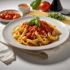 Delicious juicy pasta with Tomato Sauce with some salad served and plate pasta dish