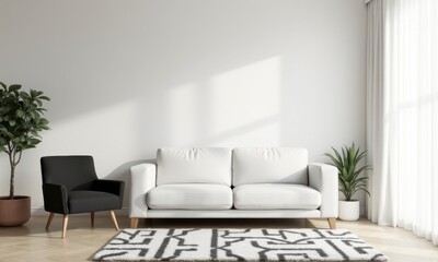 Fototapeta premium Minimalist living room with clean lines and black-and-white design.