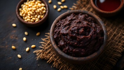 Traditional Ogiri Fermented Condiment in a Wooden Bowl (West African Cuisine)
