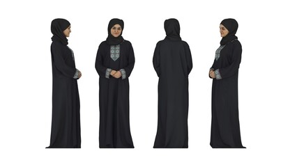 Muslim Arabic Woman Character isolated with Islamic hijan clothing dress Arab Muslim women dress character man set, Front, Back, and, Side view. Tradition Muslim girls women in Middle Eastern culture 