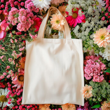 blank canvas tote bag with a bunch of flowers in the background, shopper mock up