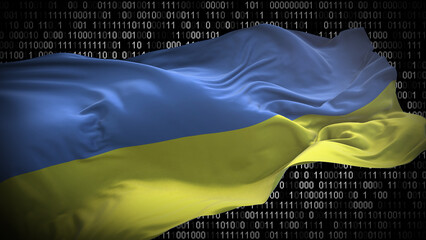 Binary code on flag of Ukraine. Program source code or Hacker concept on Ukrainian flag. Ukraine...