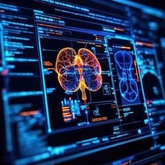 Abstract medical interface showing human organ systems responding to drug treatments, Medical Visualization, Drug Response
