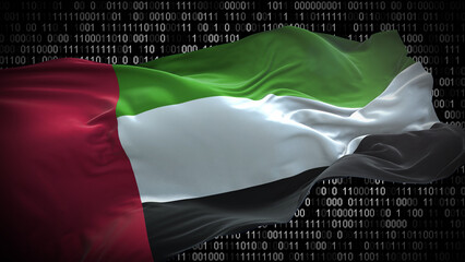 Binary code on flag of United Arab Emirates. Program source code or Hacker concept on UAE flag....