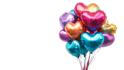 Colorful balloons in heart shapes, including hearts, floating in the air, perfect for celebrations like birthdays and Valentine's Day