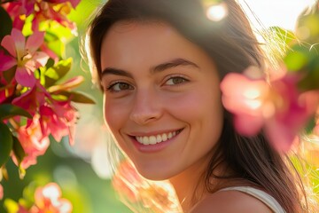 A Close-up Portrait of a Woman Smiling Warmly, With Sunlight Gently Highlighting Her Face, and a Blurred Background of Blooming Flowers in a Garden