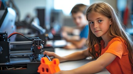 Young Girl Operating a 3D Printer in a Classroom Setting