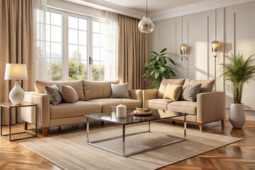 Obraz premium living room in beige tones with a stylish sofa, a glass table